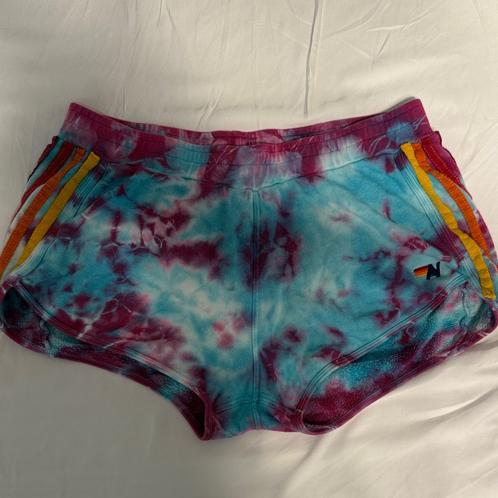 Aviator Nation Tie-Dye Athletic Shorts — Blue & Purple with Yellow Accent